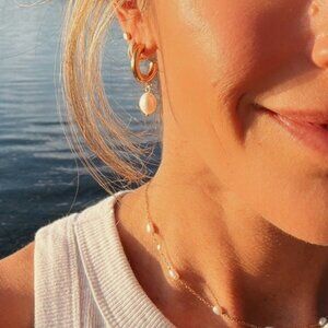 Pearl Earrings Non-tarnish Gold Chunky hoops w/ dangle Pearl Earrings Waterproof